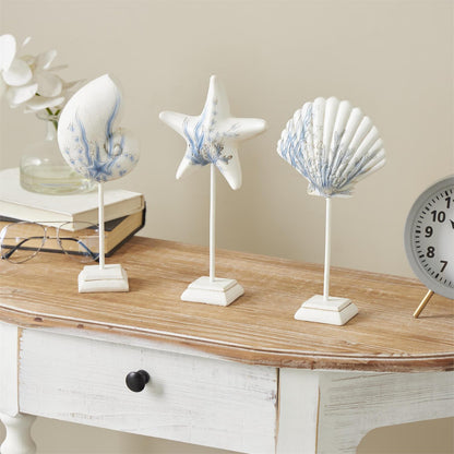 White Polystone Sea Life Shell and Starfish Decorative Sculpture with Blue Coral Patterns