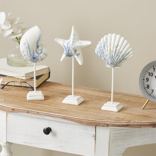 White Polystone Sea Life Shell and Starfish Decorative Sculpture with Blue Coral Patterns
