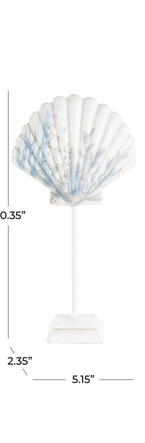 White Polystone Sea Life Shell and Starfish Decorative Sculpture with Blue Coral Patterns