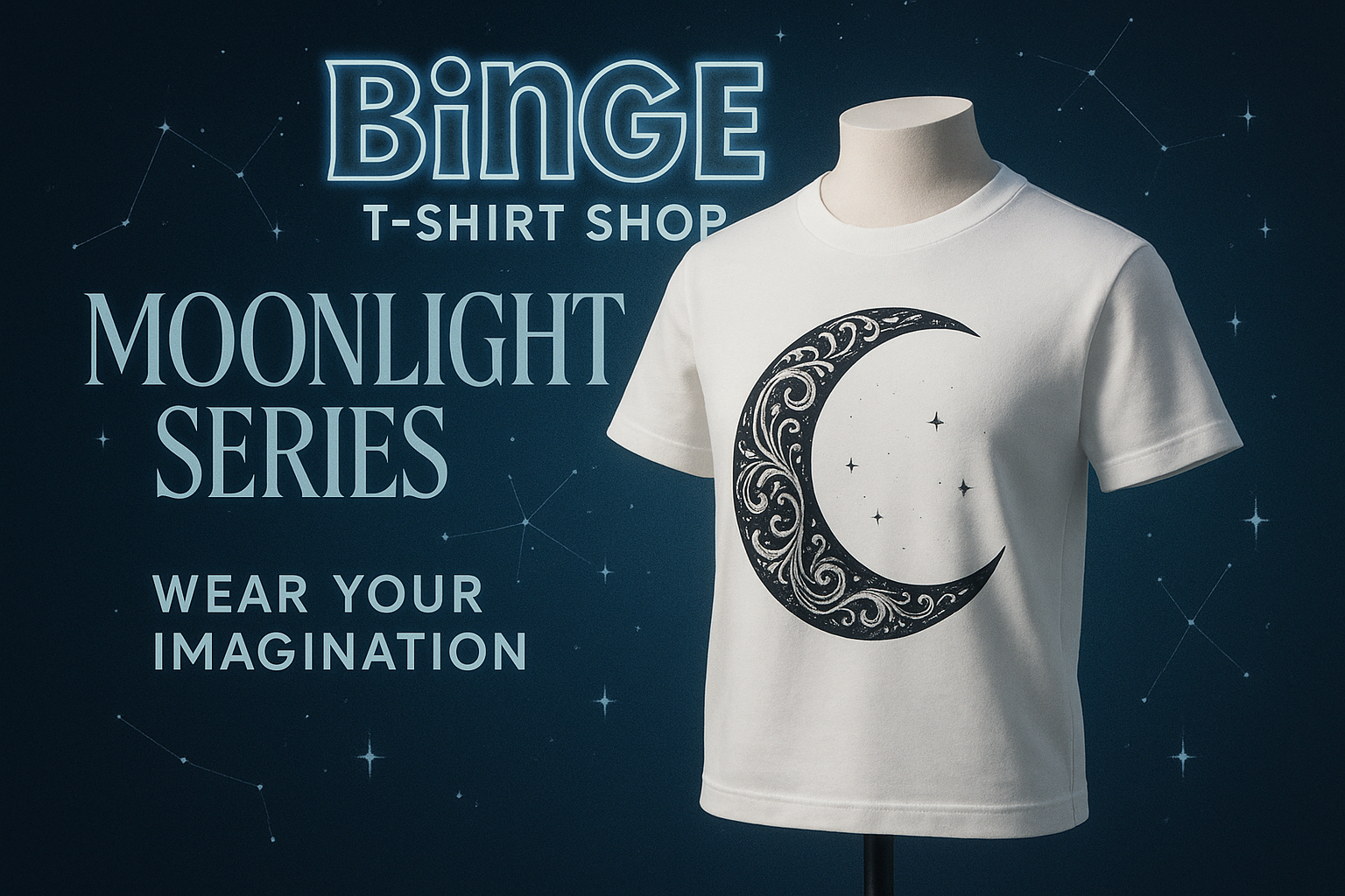 White t-shirt with crescent moon design displayed against a gradient background with stars, featuring Binge T-shirt Shop branding and text "Moonlight Series" and "Wear Your Imagination"