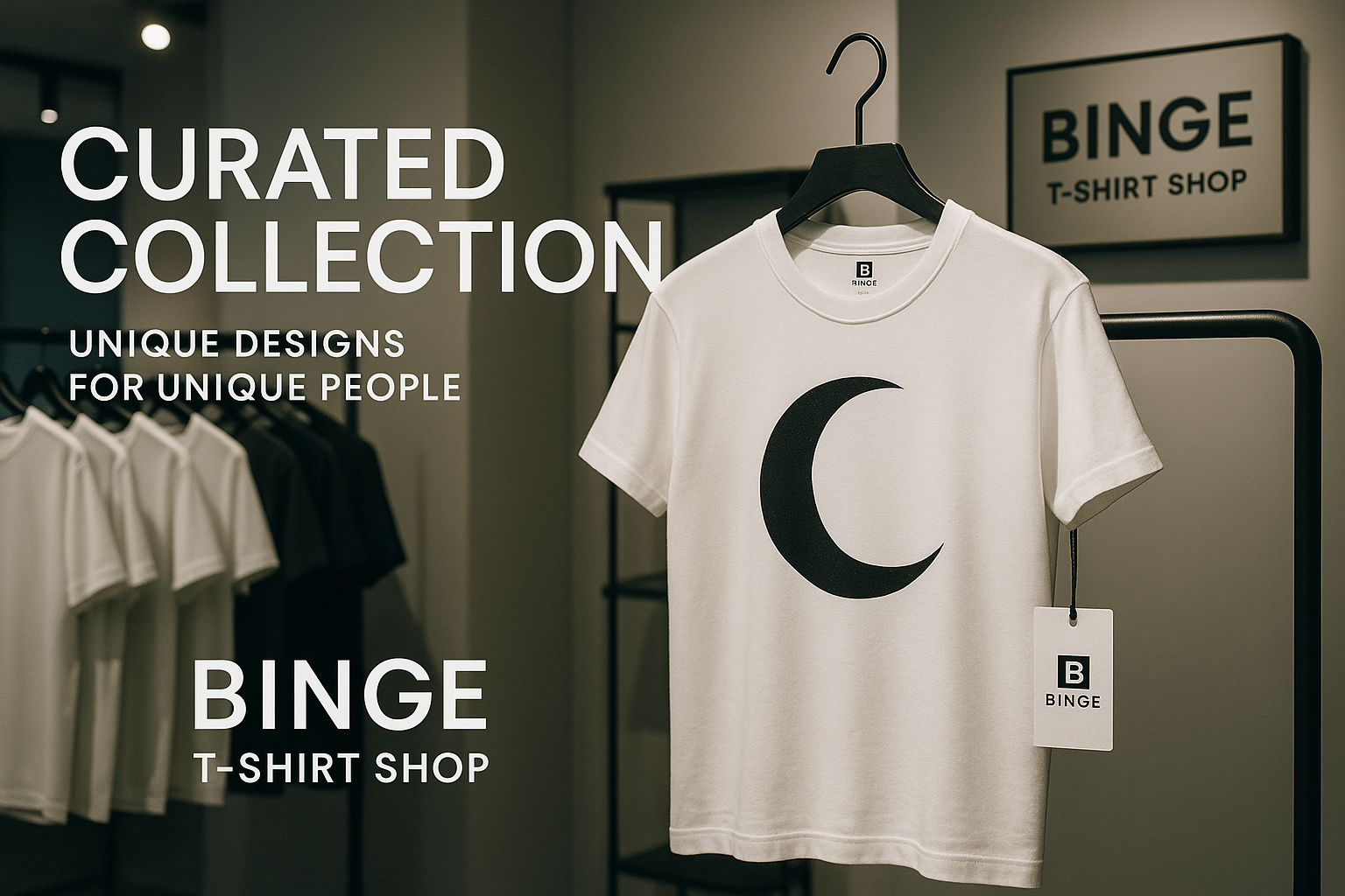 White t-shirt with crescent moon design on a black metal hanger in a modern boutique setting with Binge T-shirt Shop signage and text "Curated Collection" and "Unique Designs for Unique People"