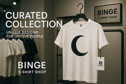 White t-shirt with crescent moon design on a black metal hanger in a modern boutique setting with Binge T-shirt Shop signage and text "Curated Collection" and "Unique Designs for Unique People"