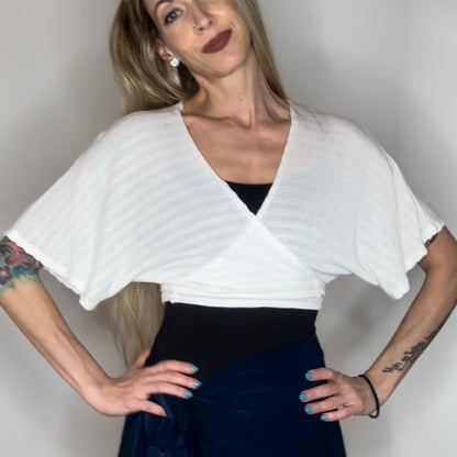 Cropped Sweater Knit Wrap Top Ballet Warm Up - White Intricate