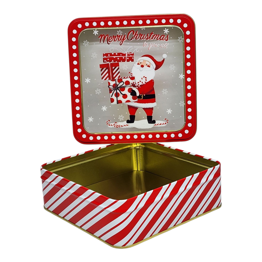 Square Cookie Tin with Window - Merry Christmas Santa with Gifts