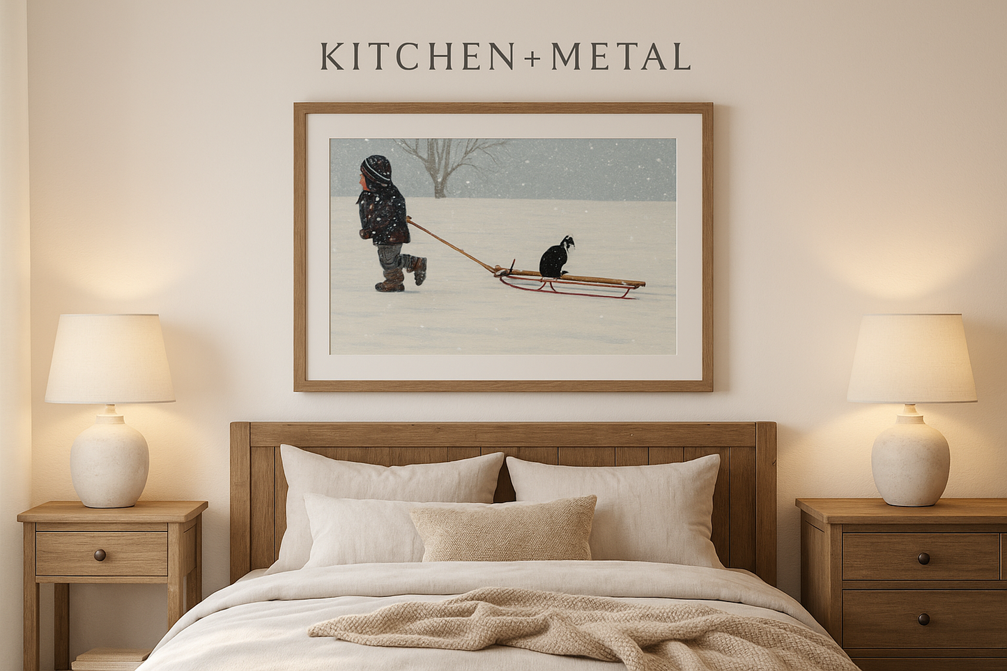 Winter Sledding Scene Art in Kitchen + Metal Bedroom Setting