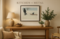 Winter Sledding Scene Art in Kitchen + Metal Living Room Setting