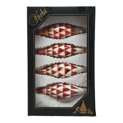 Krebs Value Glass Ornament 4 pack - Red & White Diamond Drop