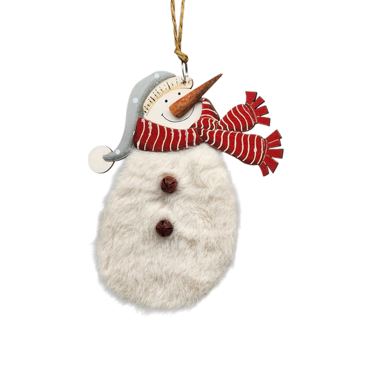 Wood and Fur Snowman Ornament - Grey Snow Hat