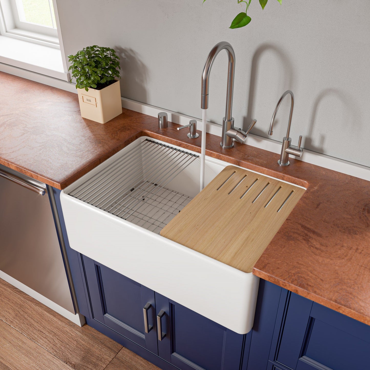 ALFI brand ABFS3020 Workstation 30" x 20" Single Bowl Step Rim Fireclay Farm Sink with Accessories