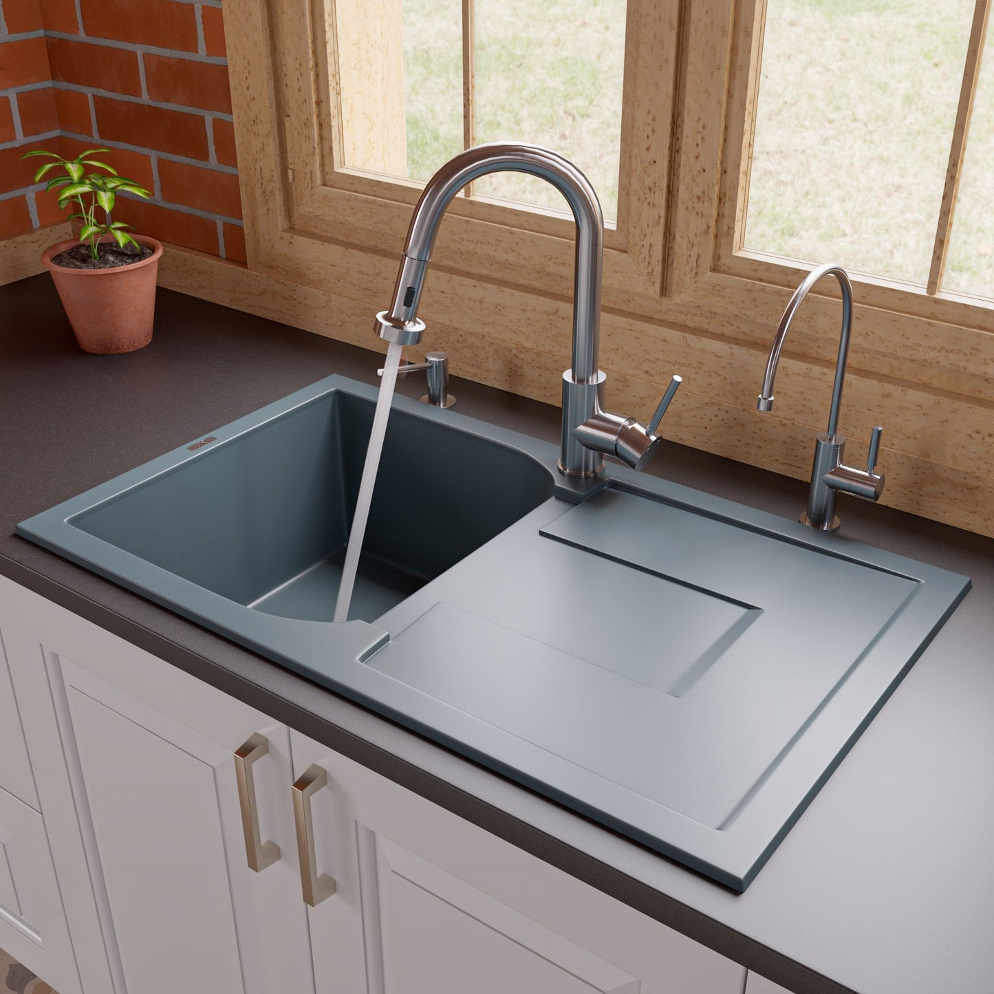 ALFI brand AB1620DI 34" Single Bowl Granite Composite Kitchen Sink with Drainboard