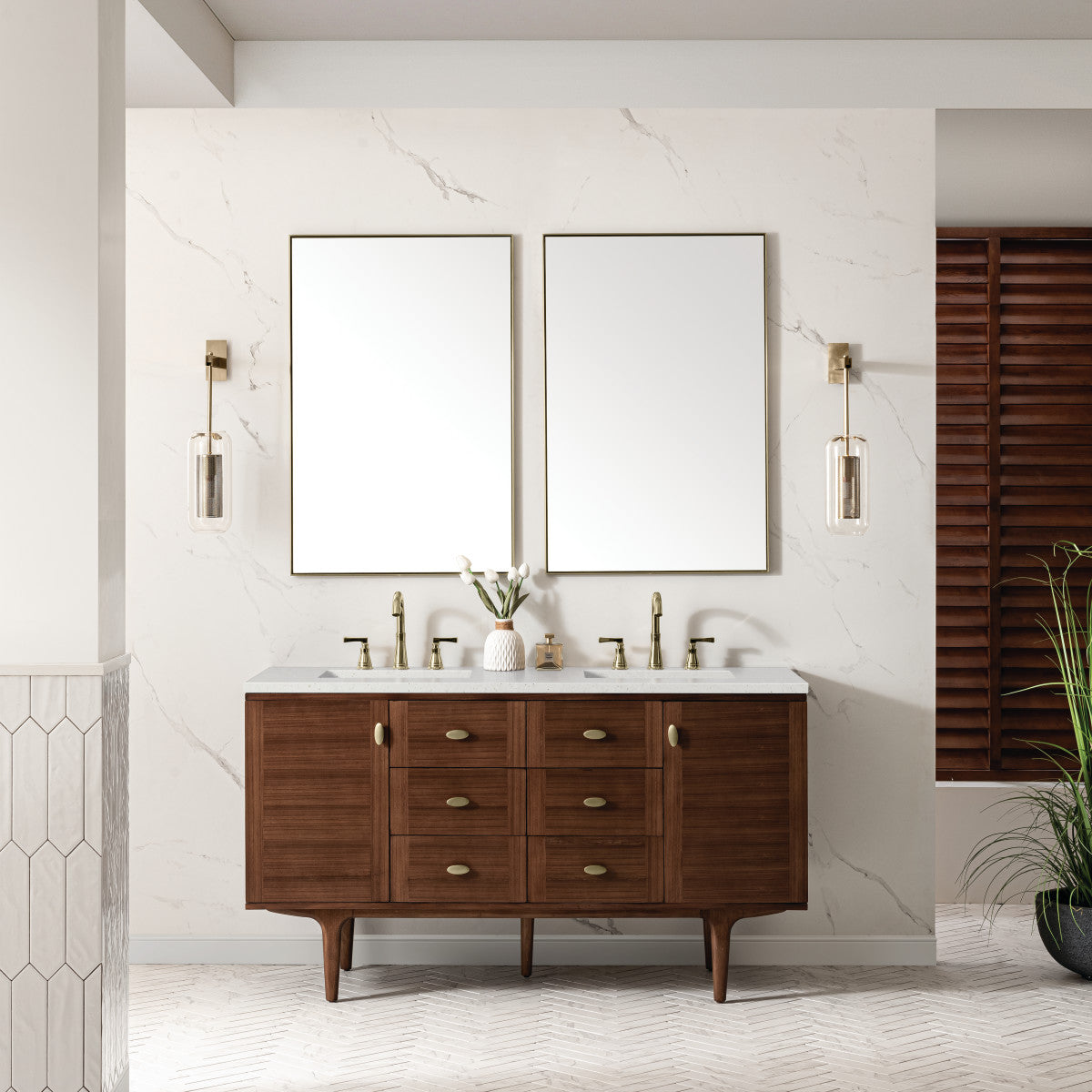 Amberly 60" Double Vanity Cabinet, Mid-Century Walnut