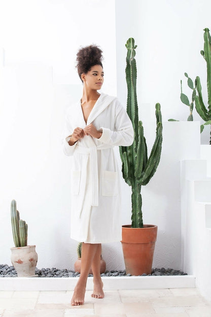 Women's Navy Blue Turkish Cotton Hooded Terry Bathrobe