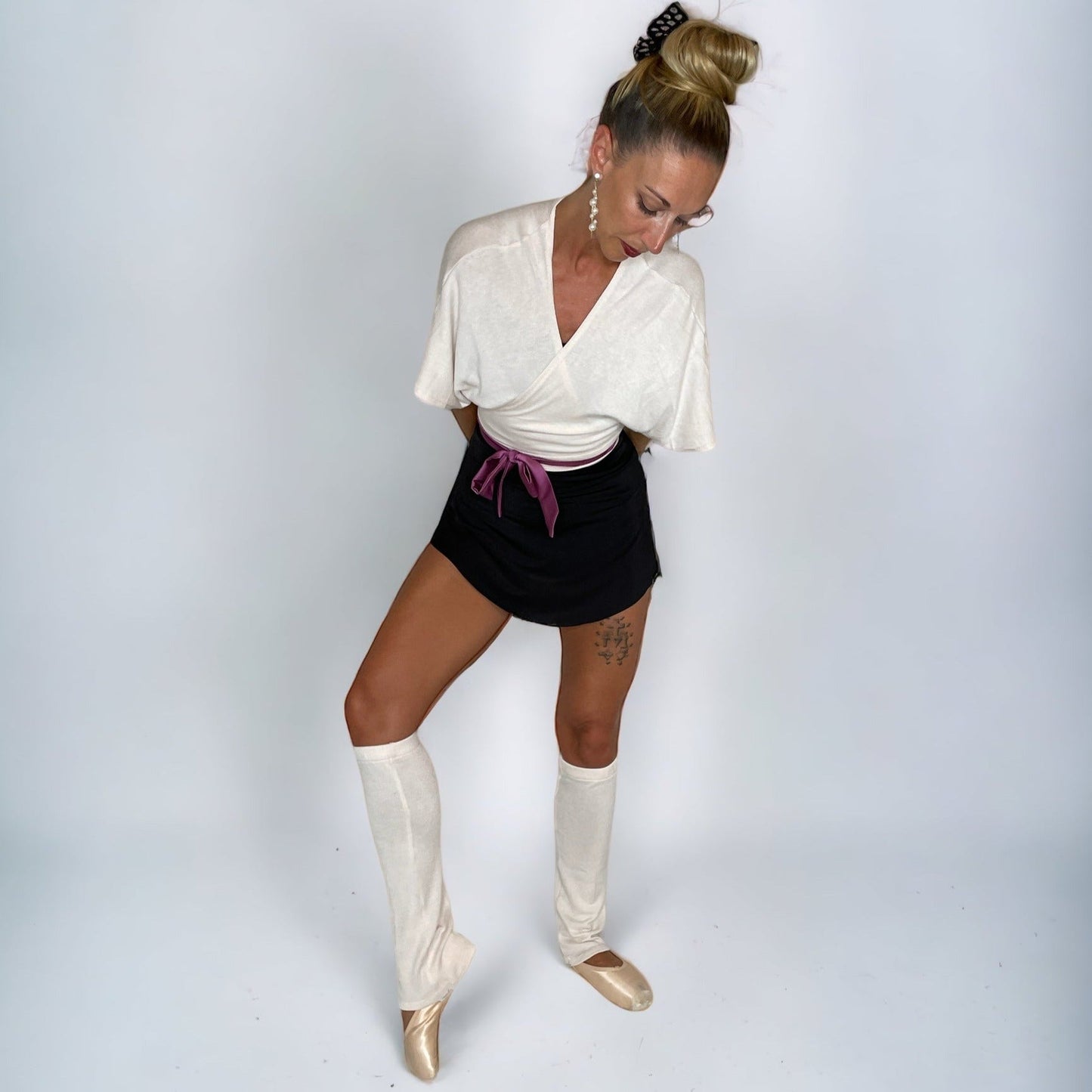 Luxe Cropped Sweater Knit Wrap Top Ballet Warm Up - Peach Ivory