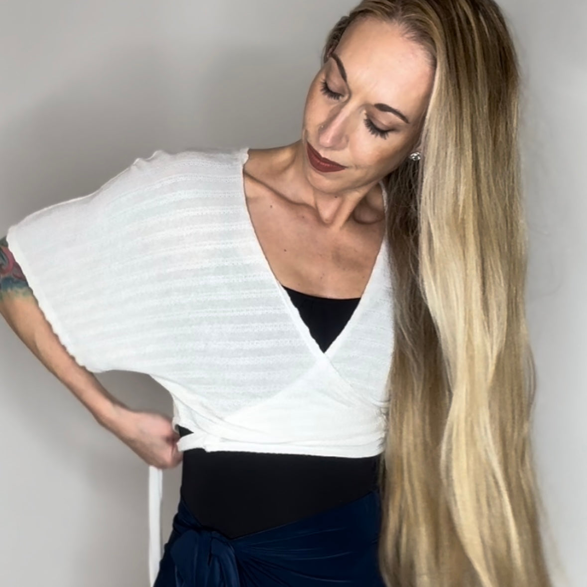 Cropped Sweater Knit Wrap Top Ballet Warm Up - White Intricate