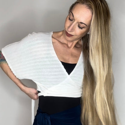 Cropped Sweater Knit Wrap Top Ballet Warm Up - White Intricate