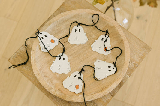 Halloween Wooden Ghost Garland – Rustic Hanging Holiday Decor 64"