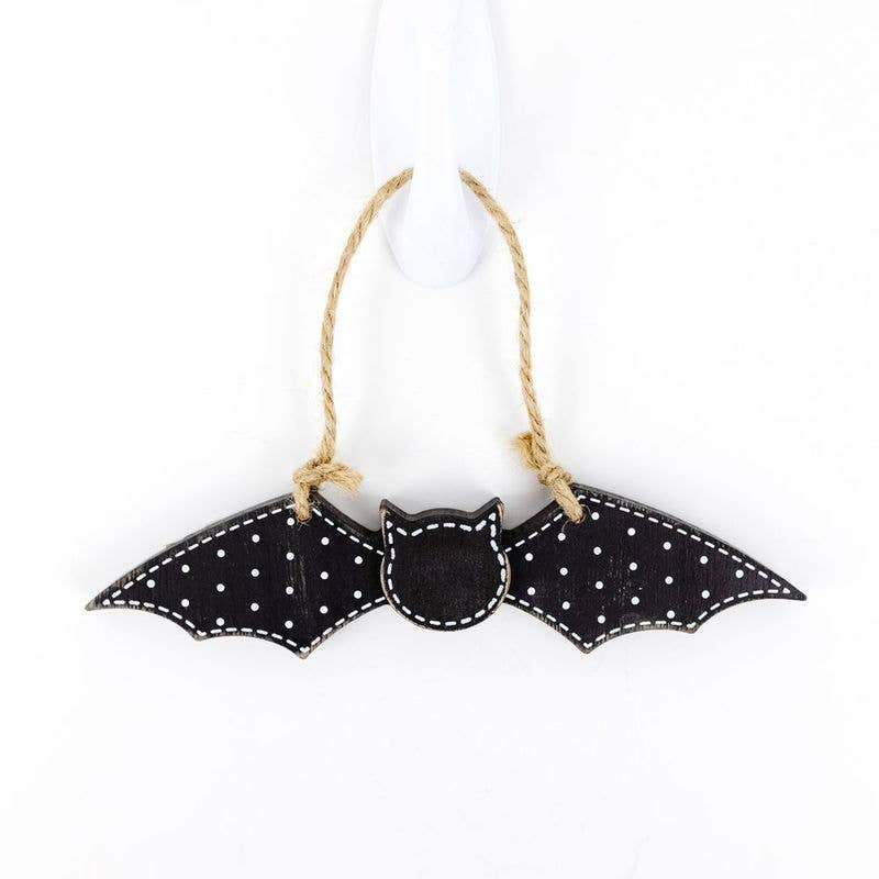 Halloween Wooden Bat Ornament – Rustic Black Polka Dot Hanging Decor 6.75"