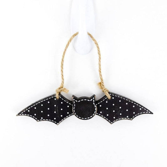 Halloween Wooden Bat Ornament – Rustic Black Polka Dot Hanging Decor 6.75"