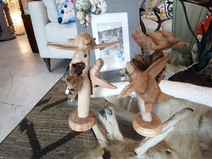 Wooden Double Small Turtle Sculpture Coastal Home Decor