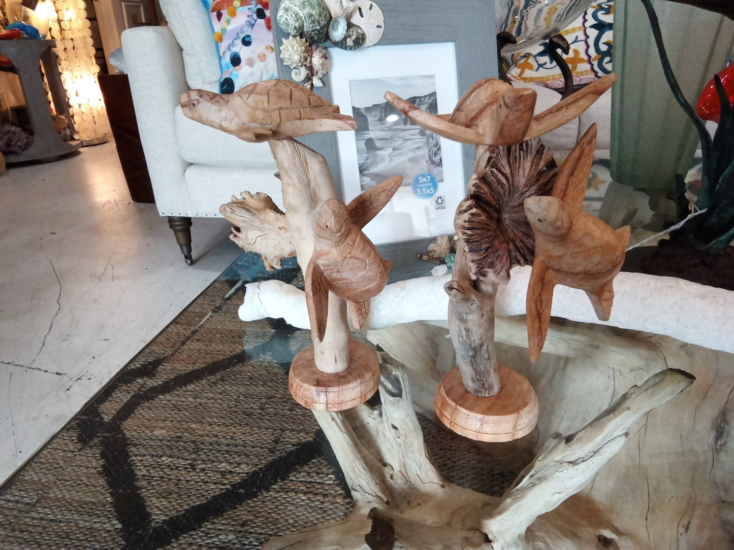 Wooden Double Small Turtle Sculpture Coastal Home Decor