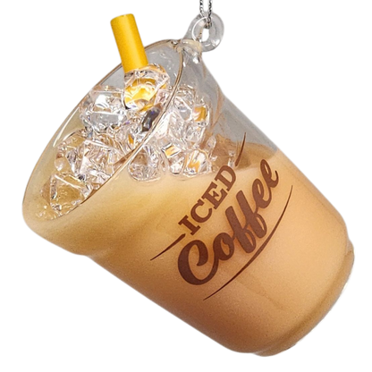 Decorative ornament shaped like an iced coffee cup with a straw on a white background
