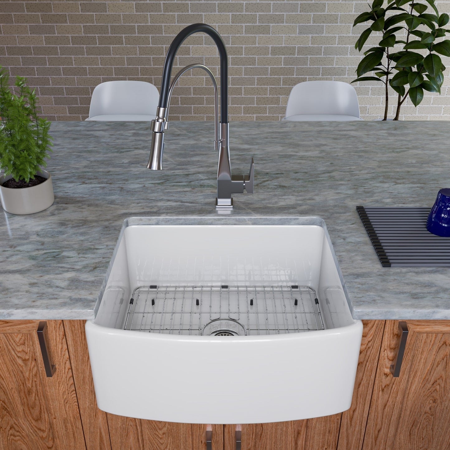 ALFI brand ABFC2420 ABFC2420-W White Smooth Curved Apron 24" x 20" Single Bowl Fireclay Farm Sink with Grid