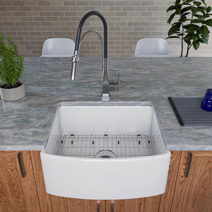 ALFI brand ABFC2420 ABFC2420-W White Smooth Curved Apron 24" x 20" Single Bowl Fireclay Farm Sink with Grid