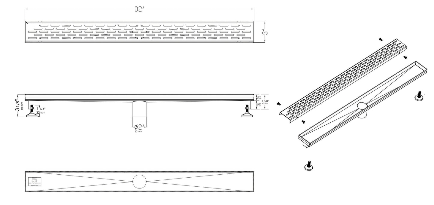 ALFI brand  ABLD32C 32" Modern Stainless Steel Linear Shower Drain with Groove Holes