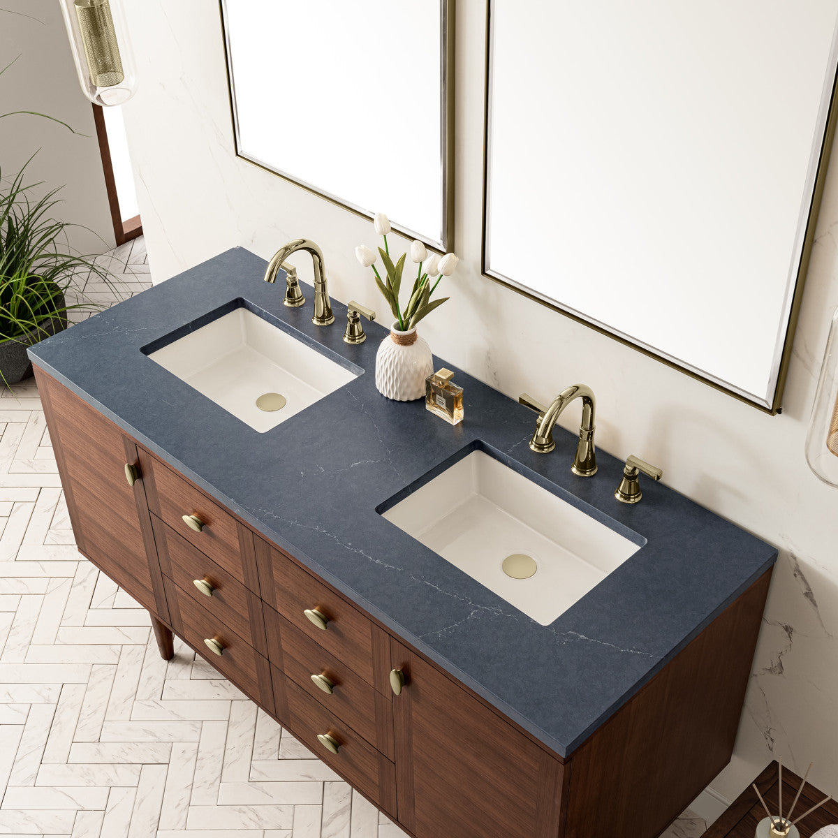Amberly 60" Double Vanity Cabinet, Mid-Century Walnut