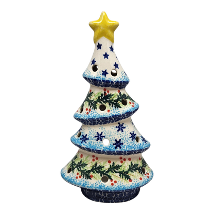 Polish Pottery Christmas Tree Luminary - Winter Wonderland Pattern