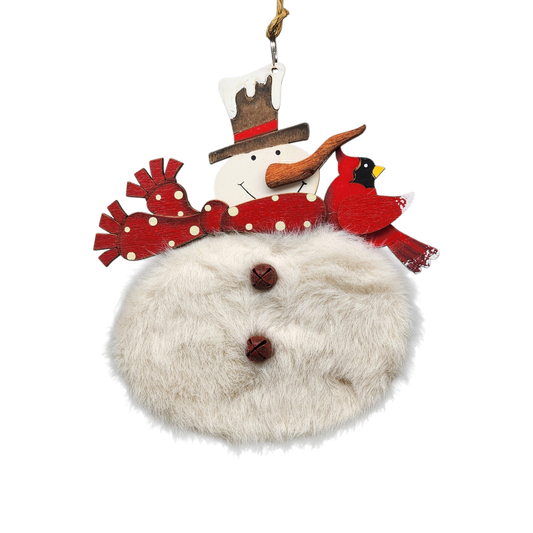 Wood and Fur Snowman Ornament - Red Scarf with Cardinal