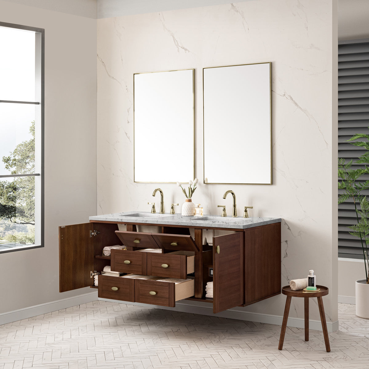 Amberly 60" Double Vanity Cabinet, Mid-Century Walnut