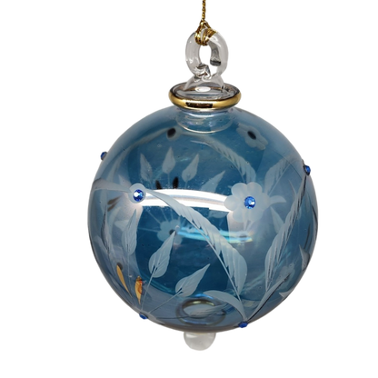 Etched Blown Glass Ball with Crystal Accents - Blue