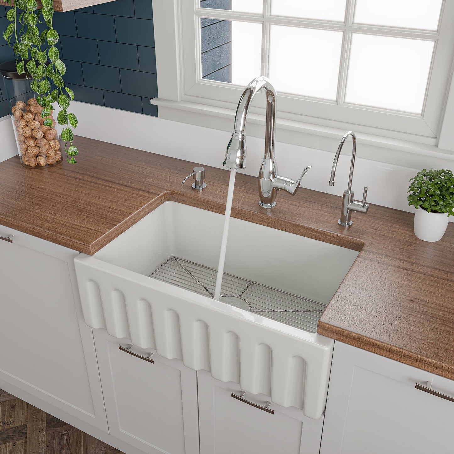 ALFI brand AB3018HS Reversible Smooth / Fluted Single Bowl Fireclay Farm Sink