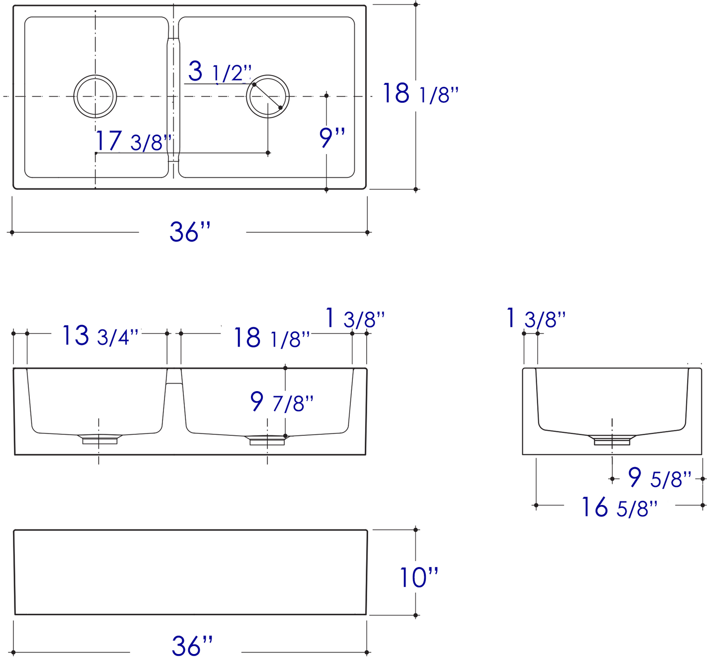 ALFI brand AB3618DB Smooth Apron Thick Wall Fireclay Double Bowl Farm Sink
