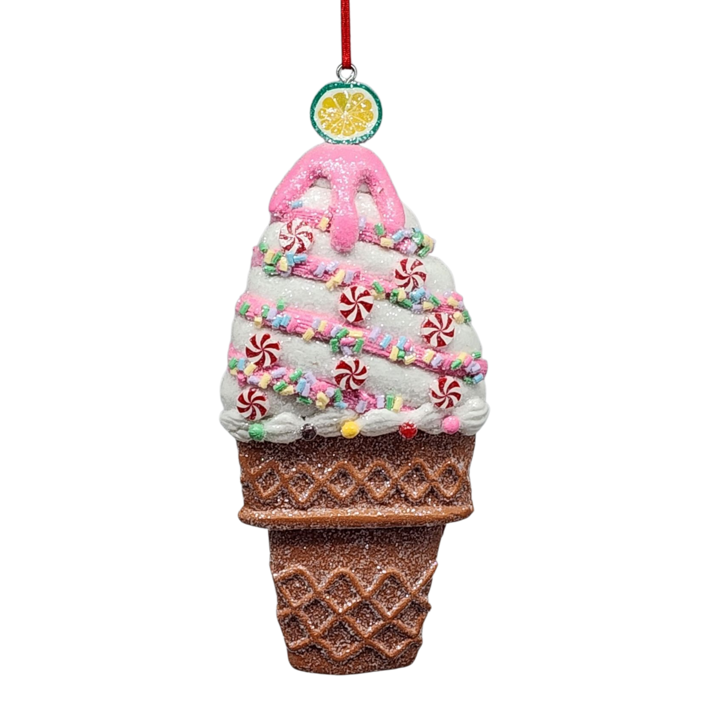 Decorative ice cream cone ornament with pink top and colorful sprinkles on a white background