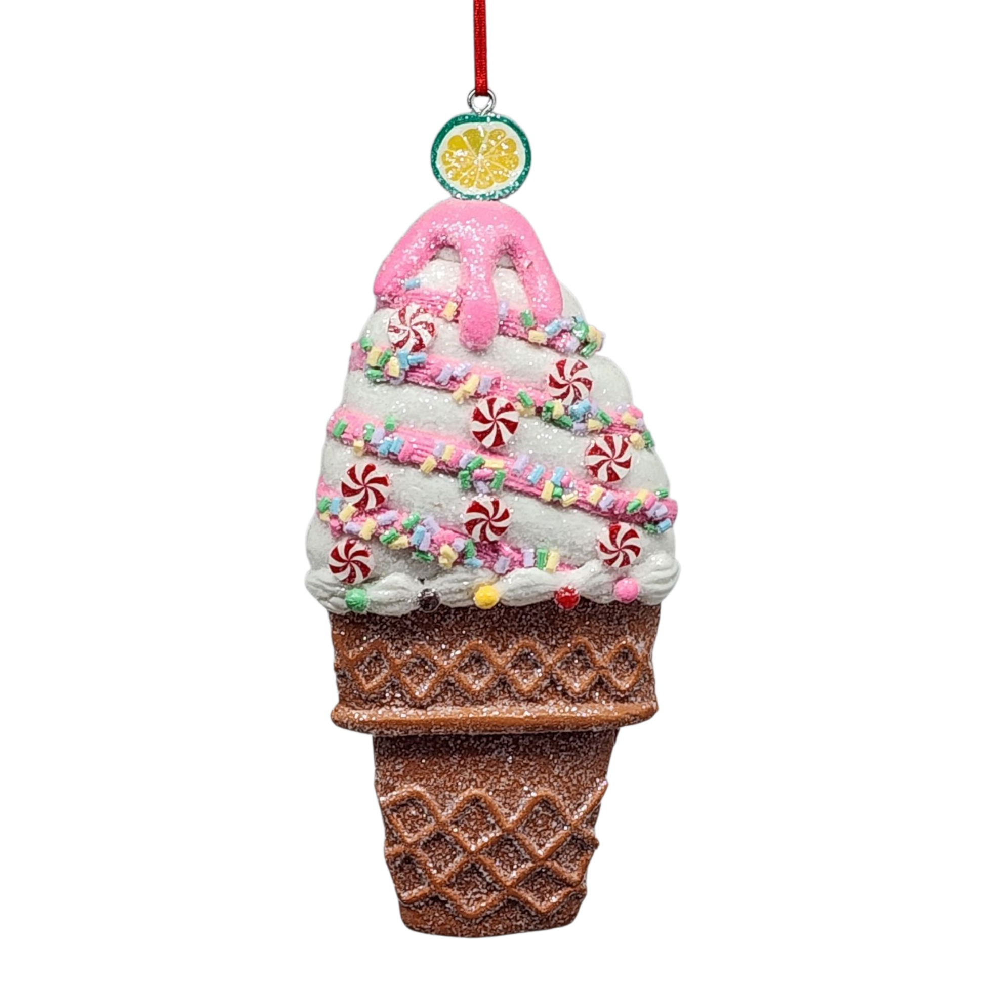 Decorative ice cream cone ornament with pink top and colorful sprinkles on a white background