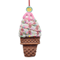 Decorative ice cream cone ornament with pink top and colorful sprinkles on a white background