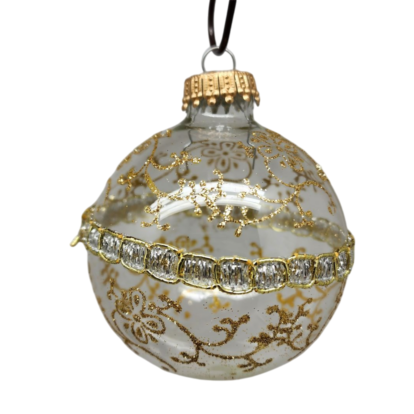 Clear and Frosted Gold Glitterlace and Braid Ball Ornaments - 4 Piece Set