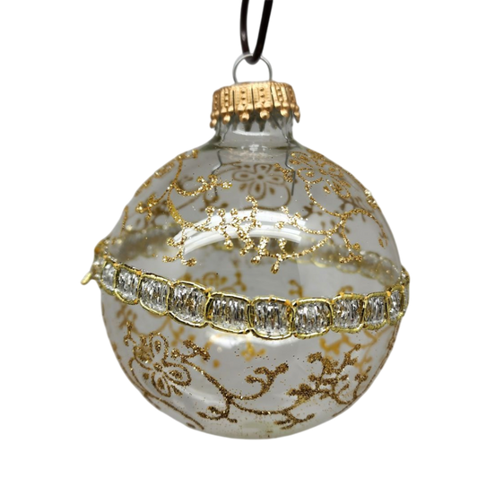 Clear and Frosted Gold Glitterlace and Braid Ball Ornaments - 4 Piece Set