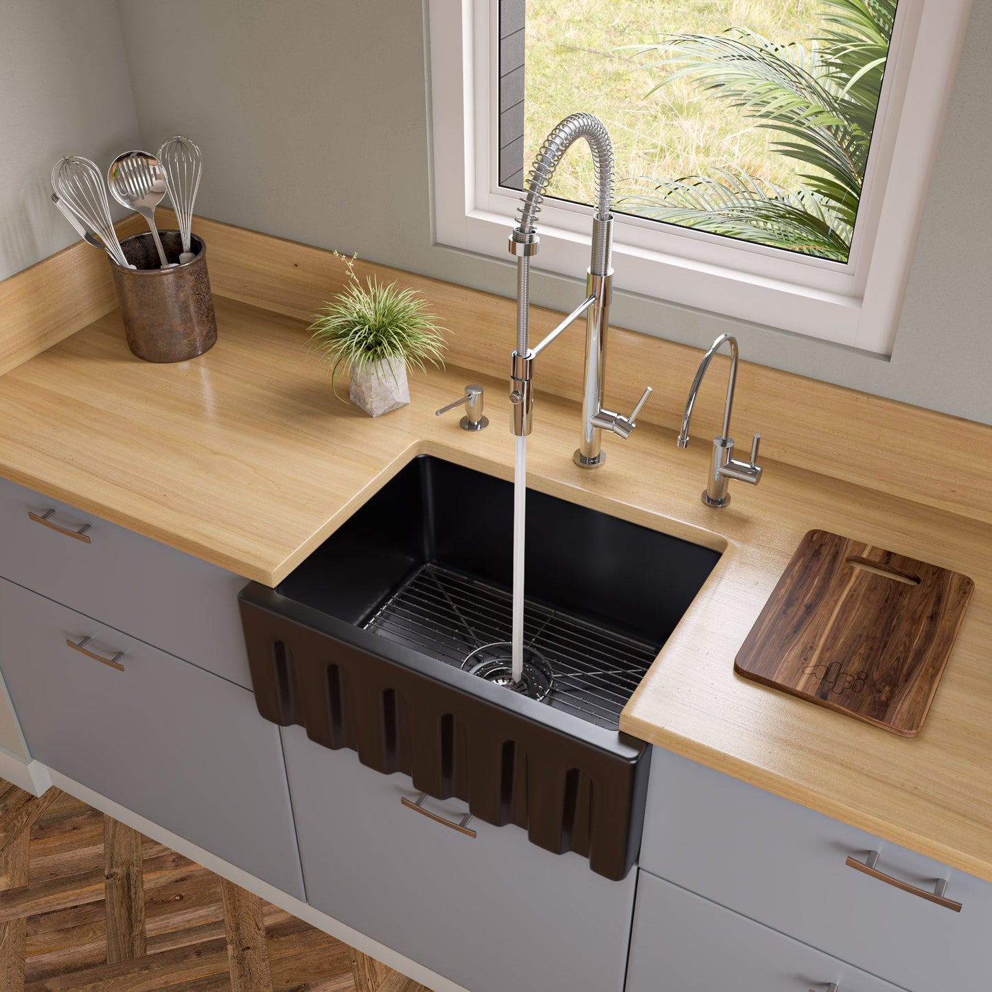 ALFI brand AB2418HS AB2418HS-B 24 inch Biscuit Reversible Smooth / Fluted Single Bowl Fireclay Farm Sink