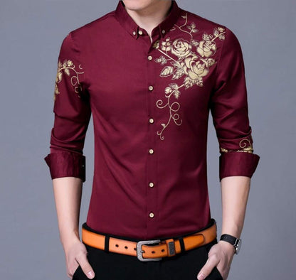 Mens Button Front Shirt with Floral Design