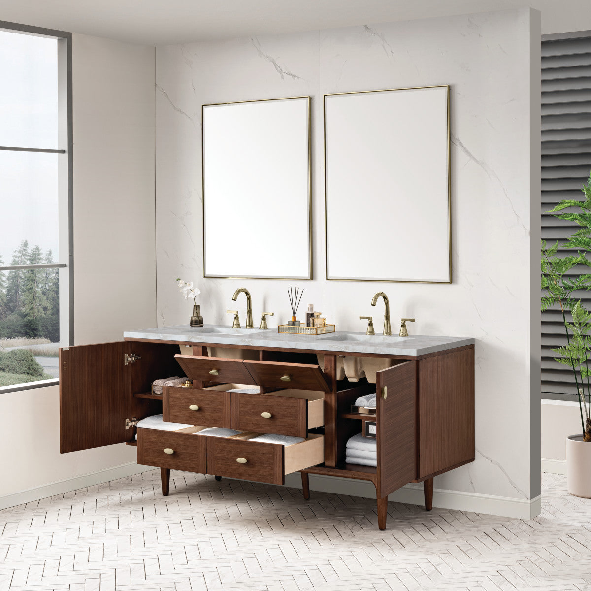 Amberly 72" Double Vanity Cabinet, Mid-Century Walnut