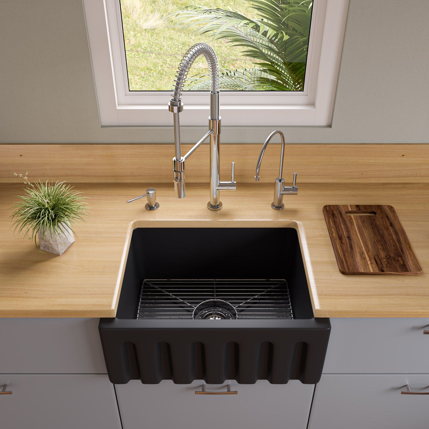ALFI brand AB2418HS AB2418HS-B 24 inch Biscuit Reversible Smooth / Fluted Single Bowl Fireclay Farm Sink