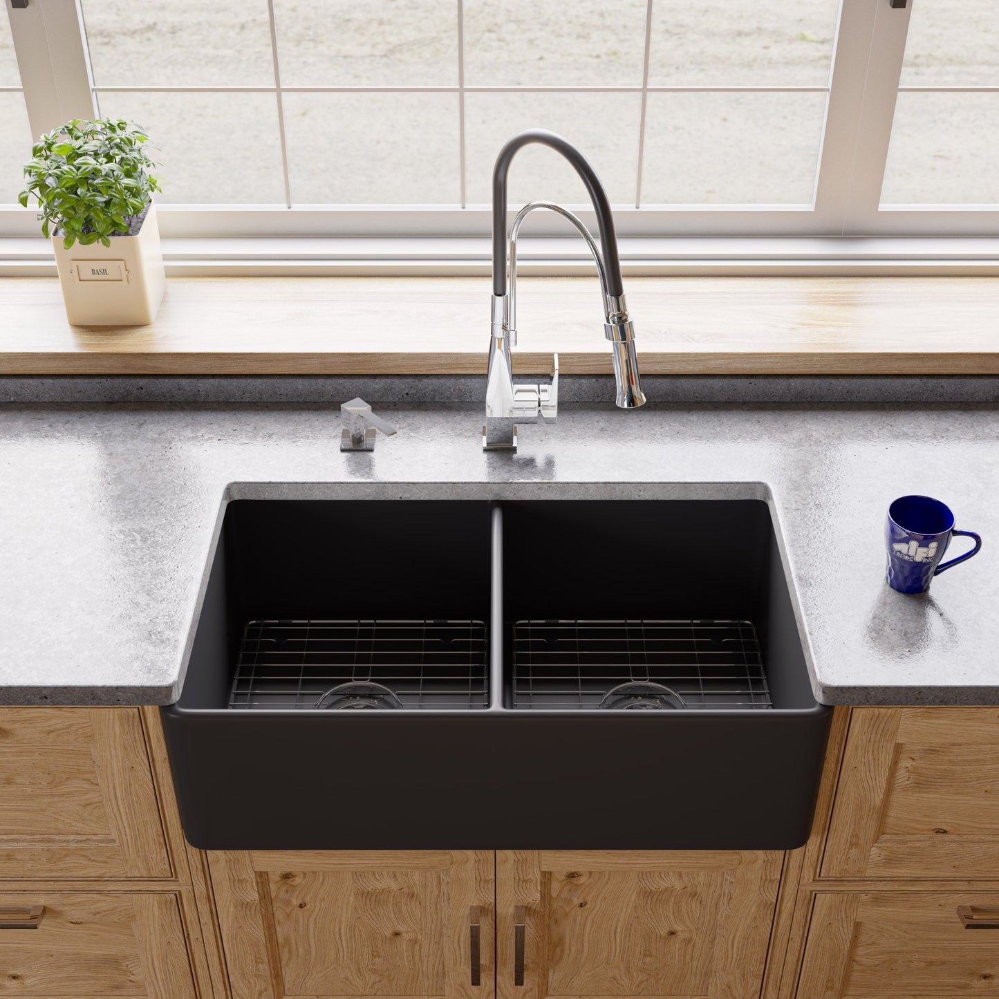 ALFI brand ABF3318D Smooth Apron 33" x 18" Double Bowl Fireclay Farm Sink