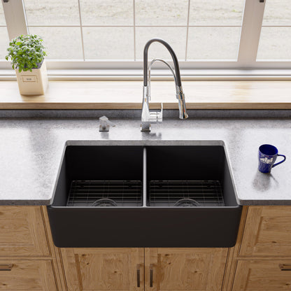 ALFI brand ABF3318D Smooth Apron 33" x 18" Double Bowl Fireclay Farm Sink