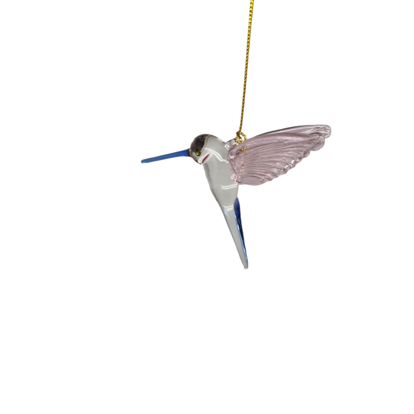 Feeding Hummingbird glass Ornament - Pink Wings / Blue Tail / Blue Beak