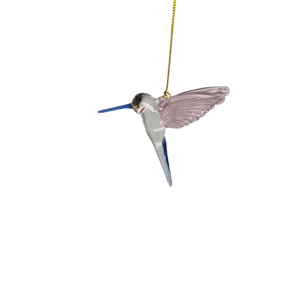 Feeding Hummingbird glass Ornament - Pink Wings / Blue Tail / Blue Beak