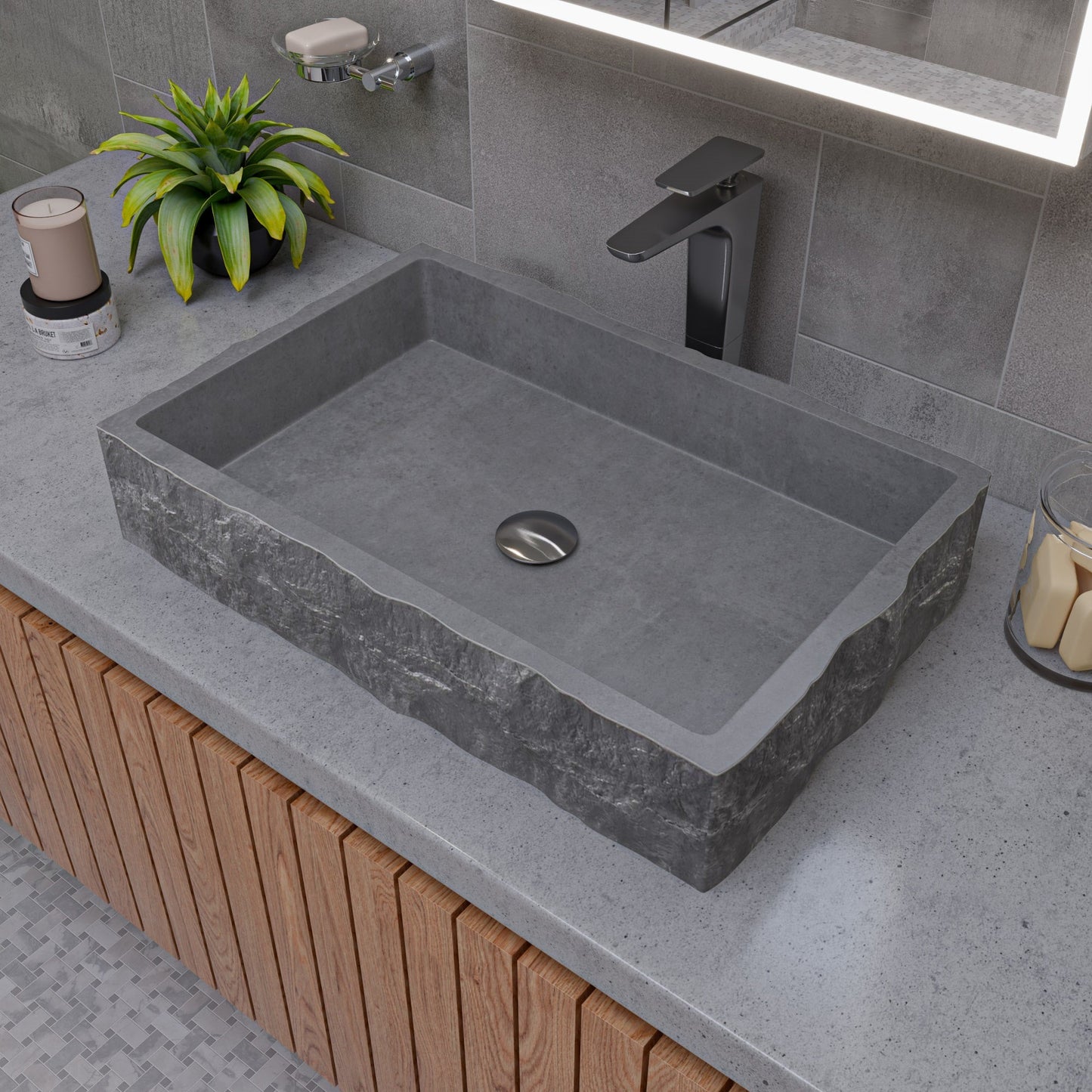 ALFI brand  ABCO24R 24" Solid Concrete Chiseled Style Rectangular Above Mount Vessel Sink