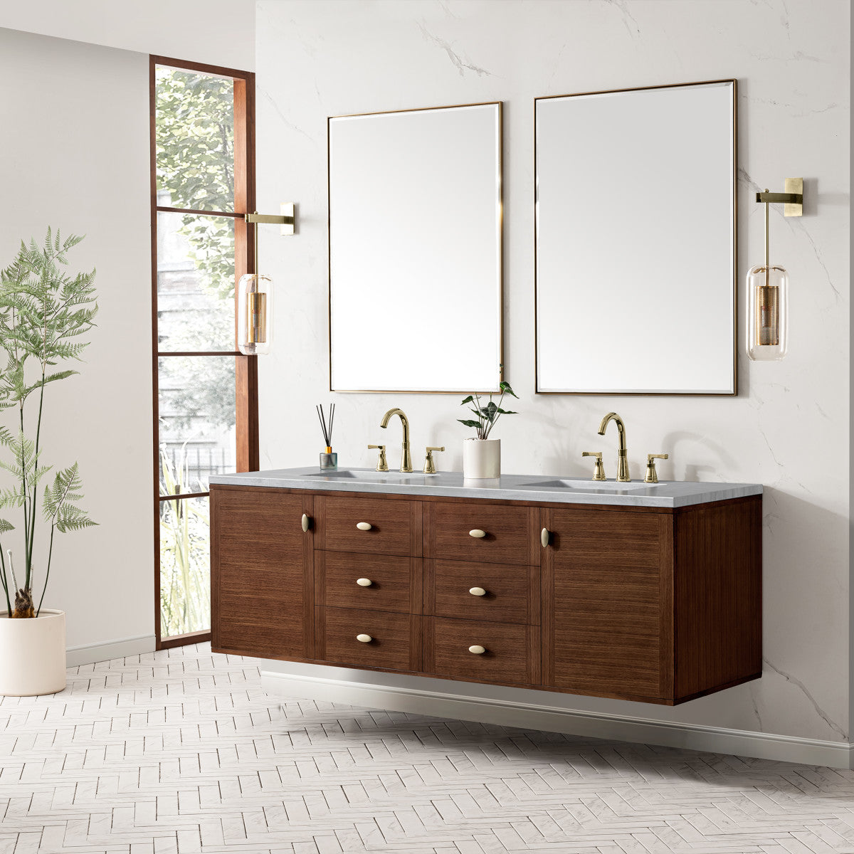 Amberly 72" Double Vanity Cabinet, Mid-Century Walnut
